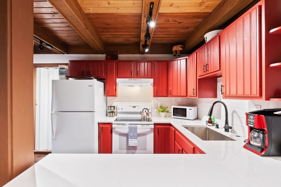 Full-sized fridge, stainless sink, oven & stovetop, and a dishwasher below the countertop