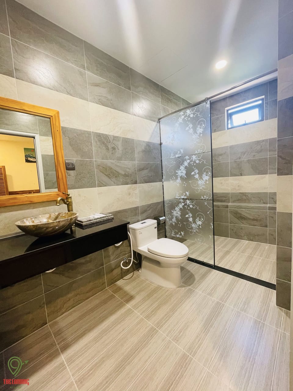 Shower, rainfall showerhead, designer toiletries, hair dryer