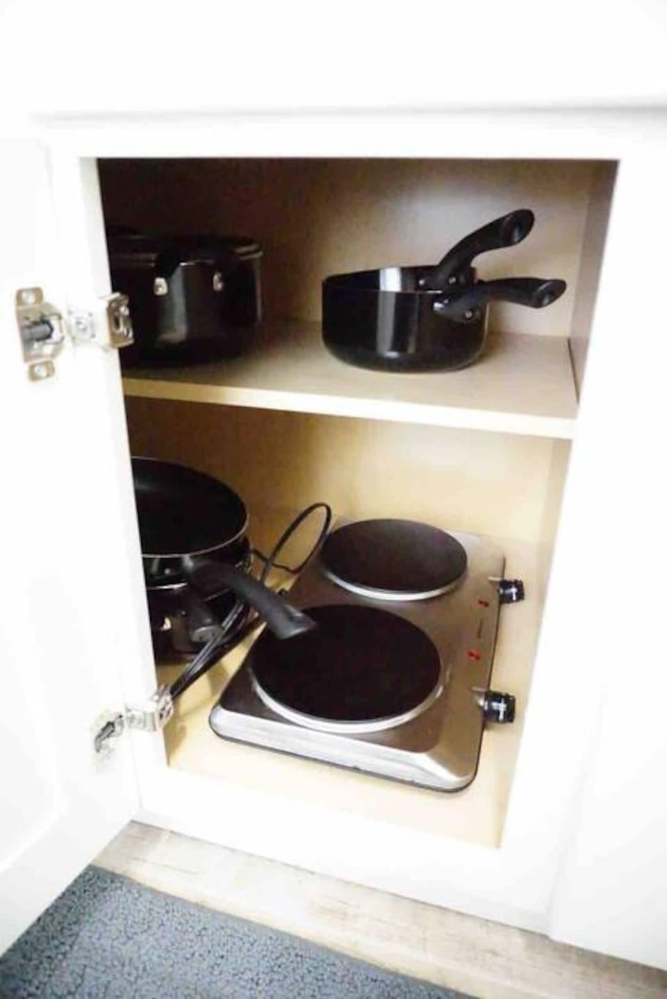 2 burner portable stove cooktop provided as the “stove” along with all pots, pans and cooking utensils.