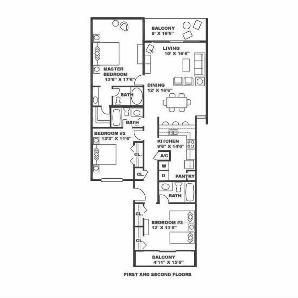 Example Floor Plan-Please see our descriptions and photos for actual furnishings and placement.