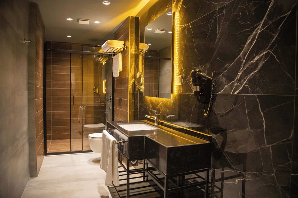 Shower, rainfall showerhead, eco-friendly toiletries, hair dryer