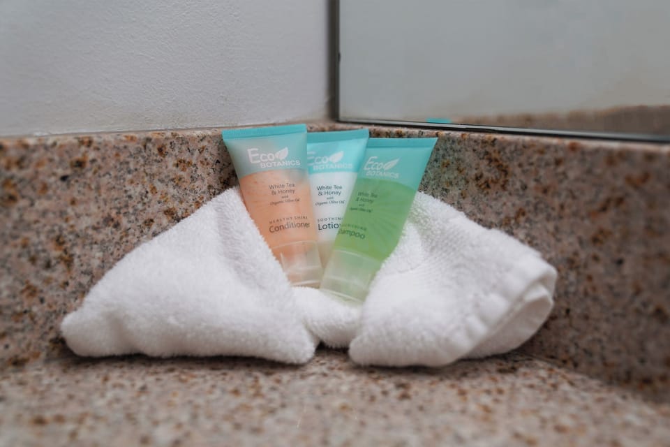 Free toiletries, hair dryer, towels, soap