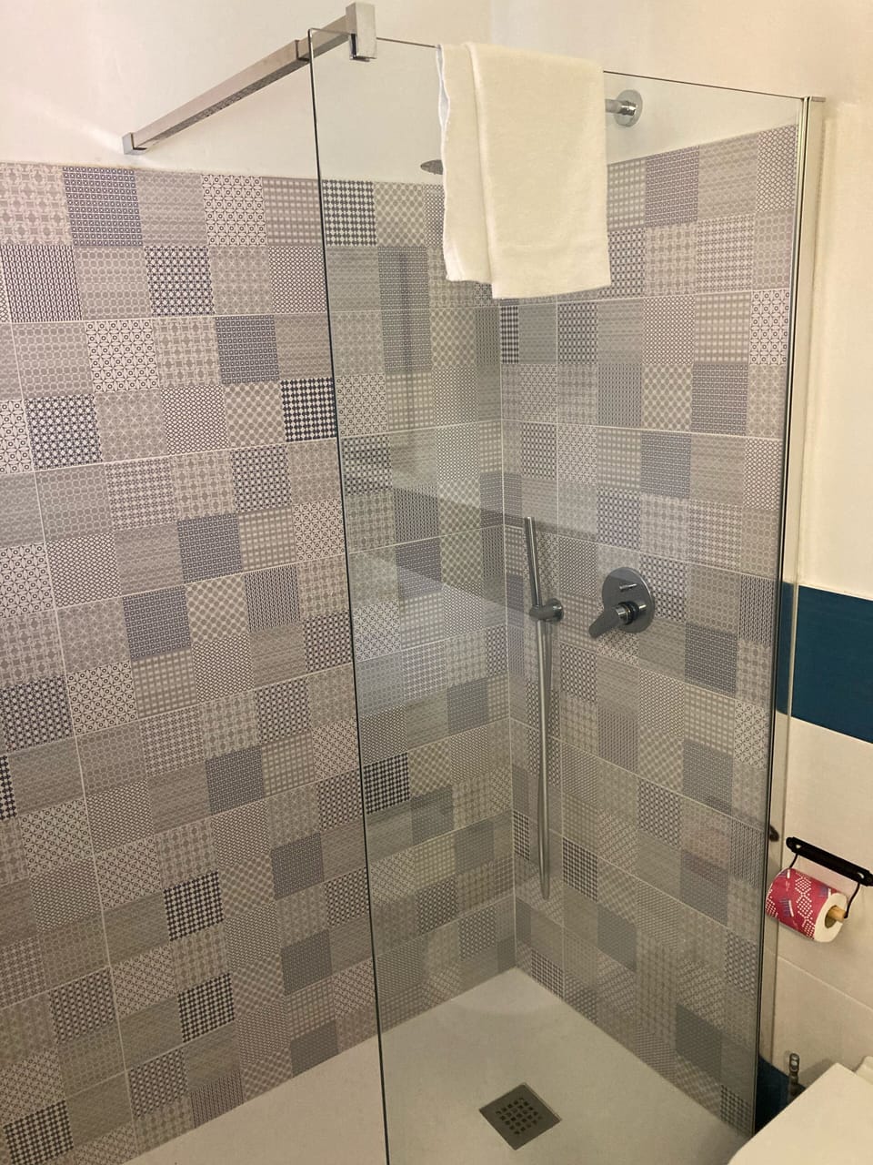 Shower, free toiletries, hair dryer, towels