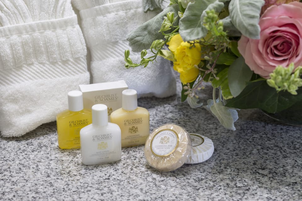 Separate tub and shower, free toiletries, hair dryer, towels
