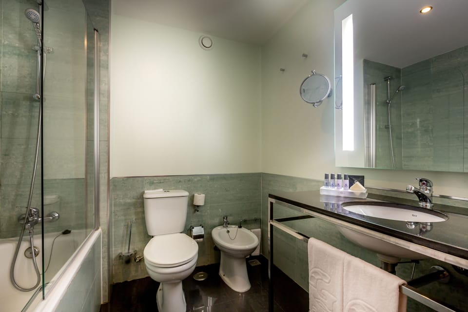Combined shower/tub, free toiletries, hair dryer, bidet