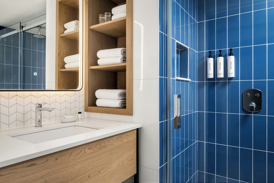 Combined shower/tub, free toiletries, hair dryer, towels