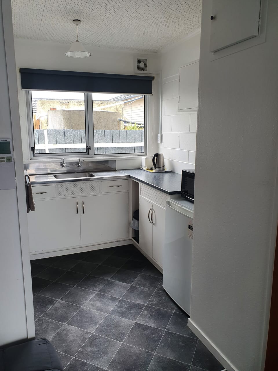 Fridge, microwave, toaster, cookware/dishes/utensils