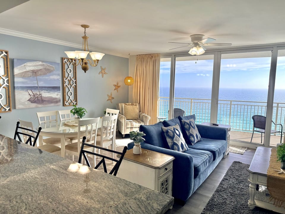 Open-Concept Living Room With New 2025 Queen Sleeper Sofa - perfect for families or couples seeking peaceful beachfront comforts