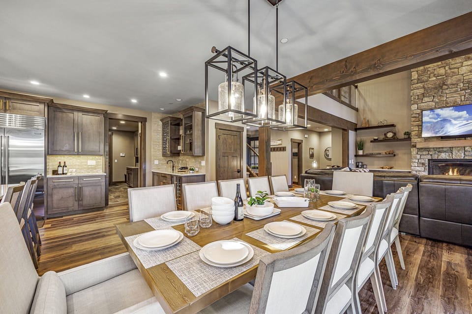 Custom RH dining table — seats 12, open to the kitchen & great room
