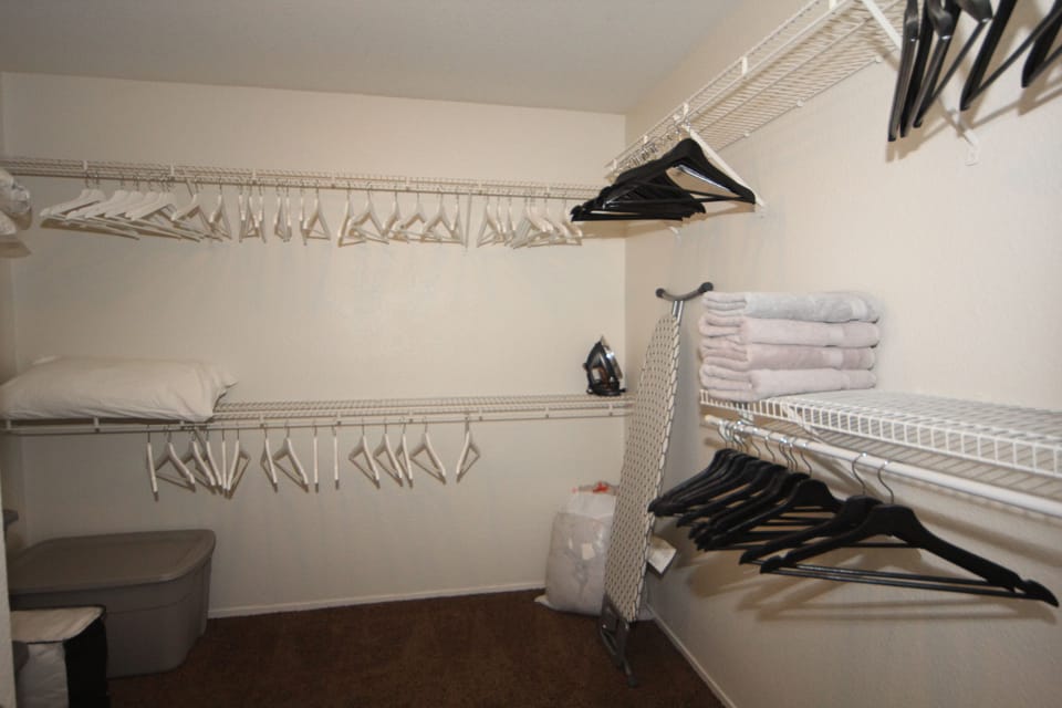 Primary Bedroom walk-in closet, iron & board. Winter comforters for every bed.