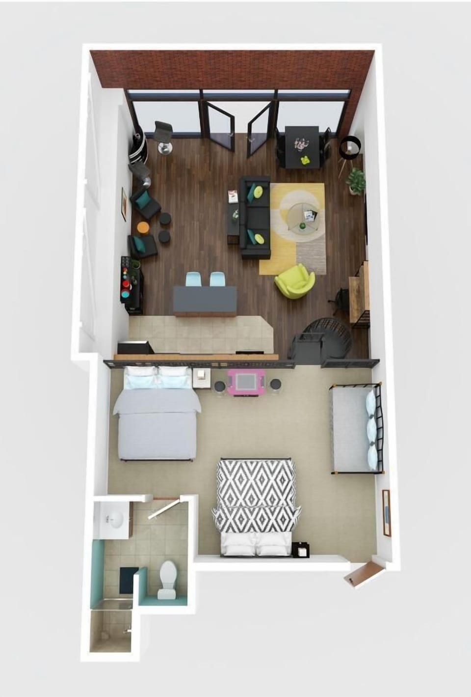 3D image of the loft.  There is a queen bed, full size bed, and 2 twin beds in the loft as well as a full size bathroom with a shower.