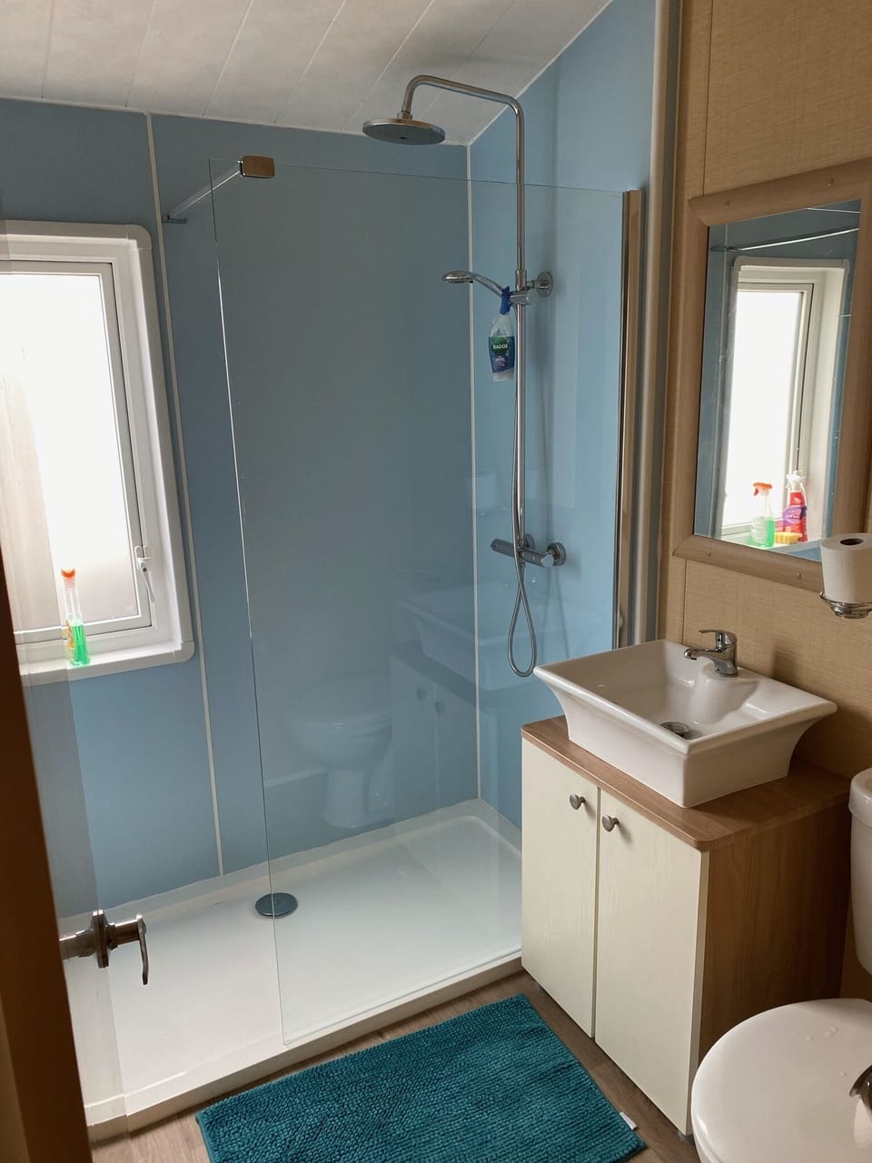 Main shower room with wash basin and toilet .