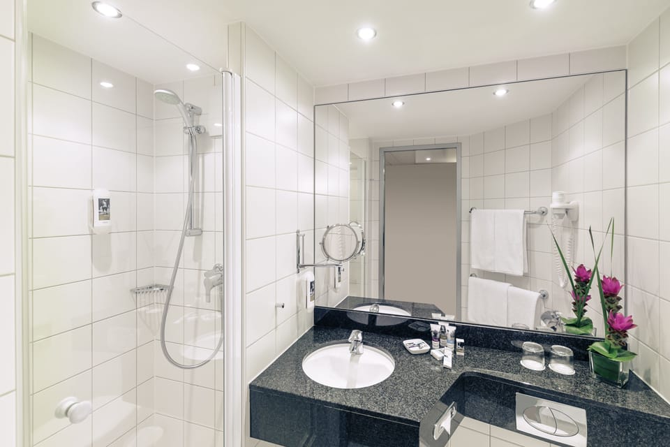 Shower, eco-friendly toiletries, hair dryer, towels