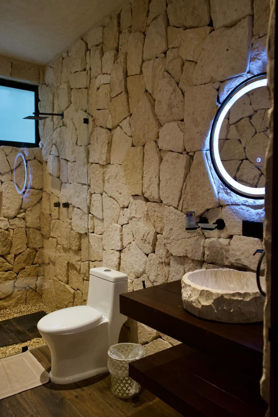 Shower, rainfall showerhead, designer toiletries, hair dryer