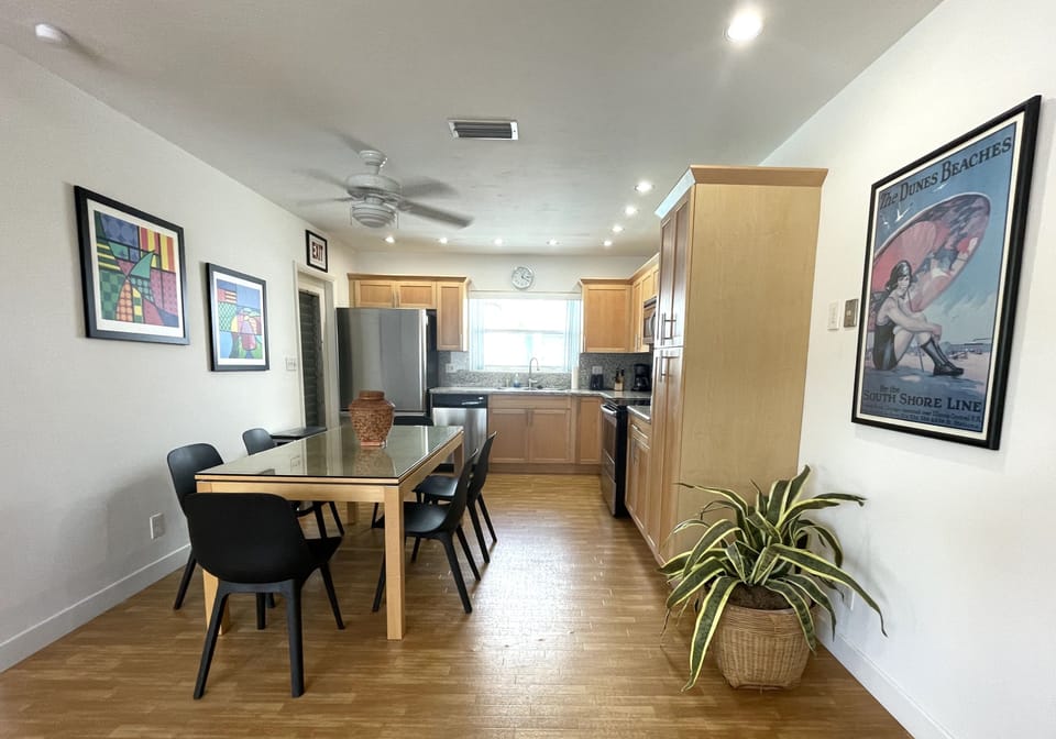 Fully stocked kitchen with dining space. 