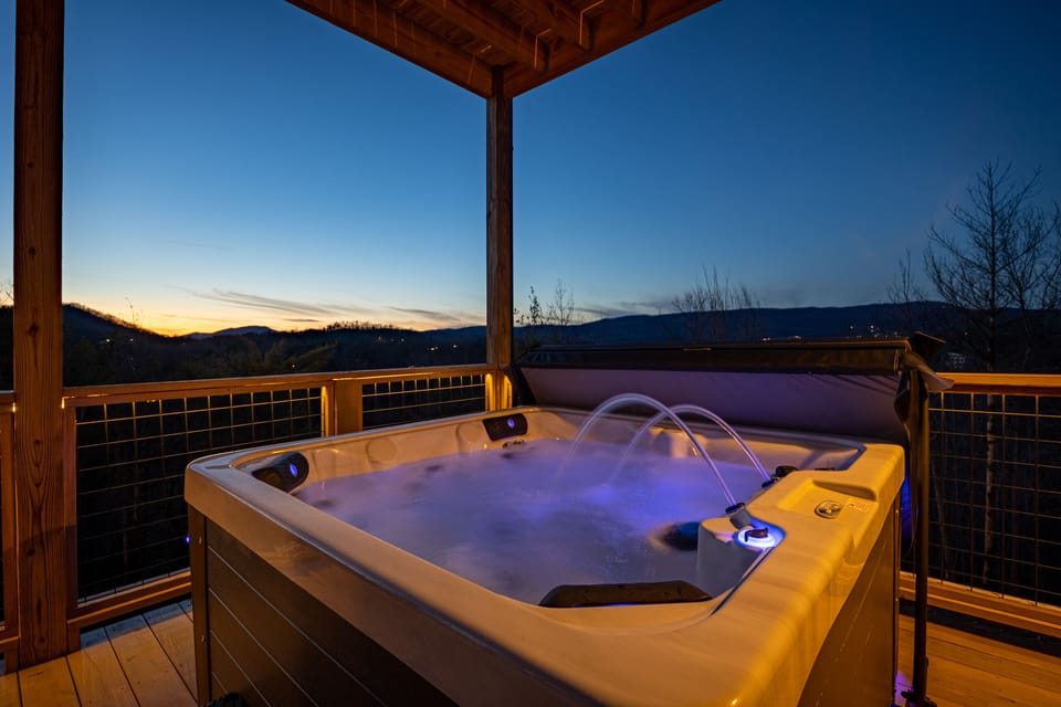 Private outdoor hot tub with Smoky Mountain views!