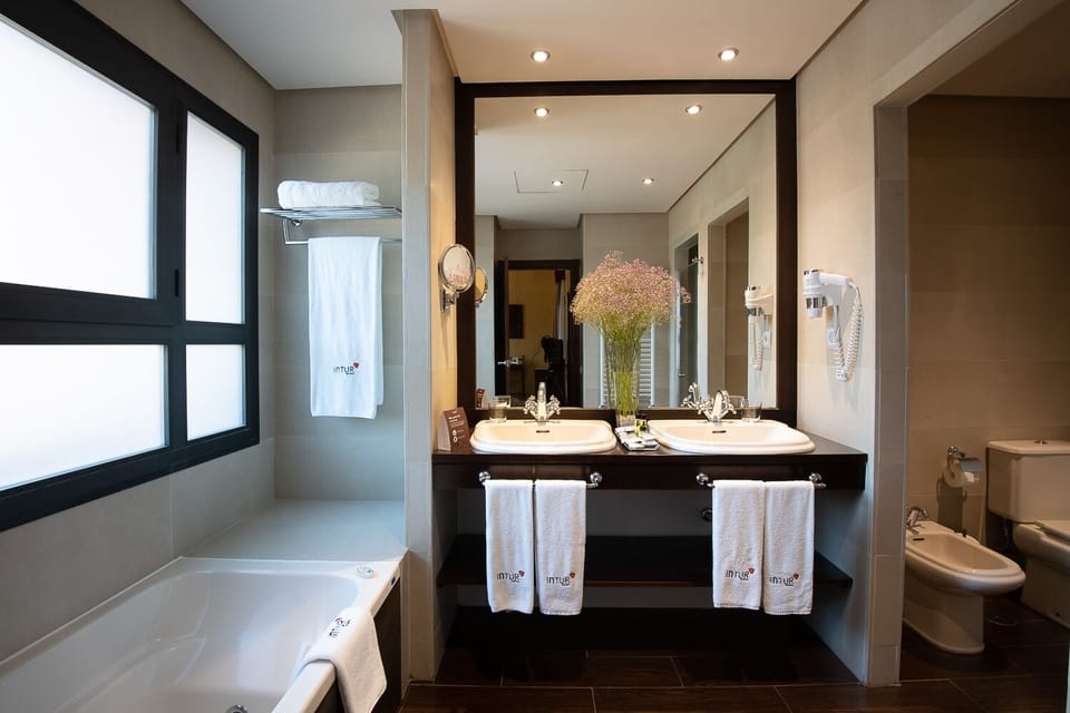 Combined shower/tub, free toiletries, hair dryer, towels
