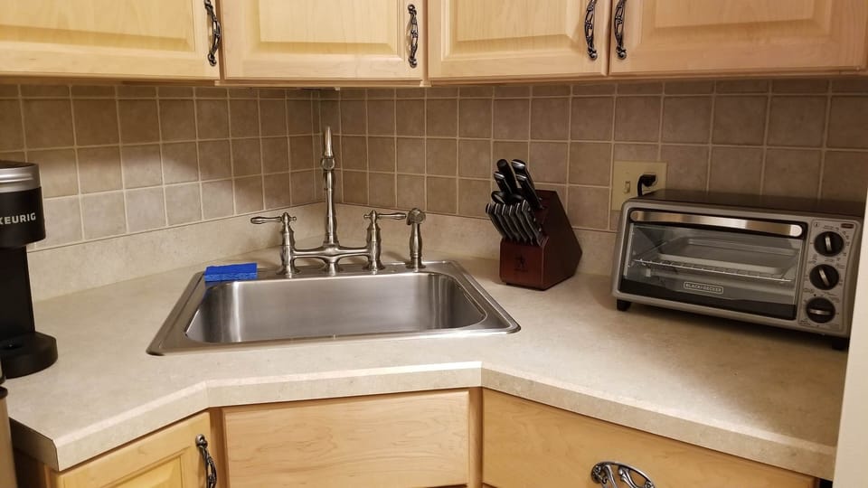 Kitchenette with toaster oven and keurig