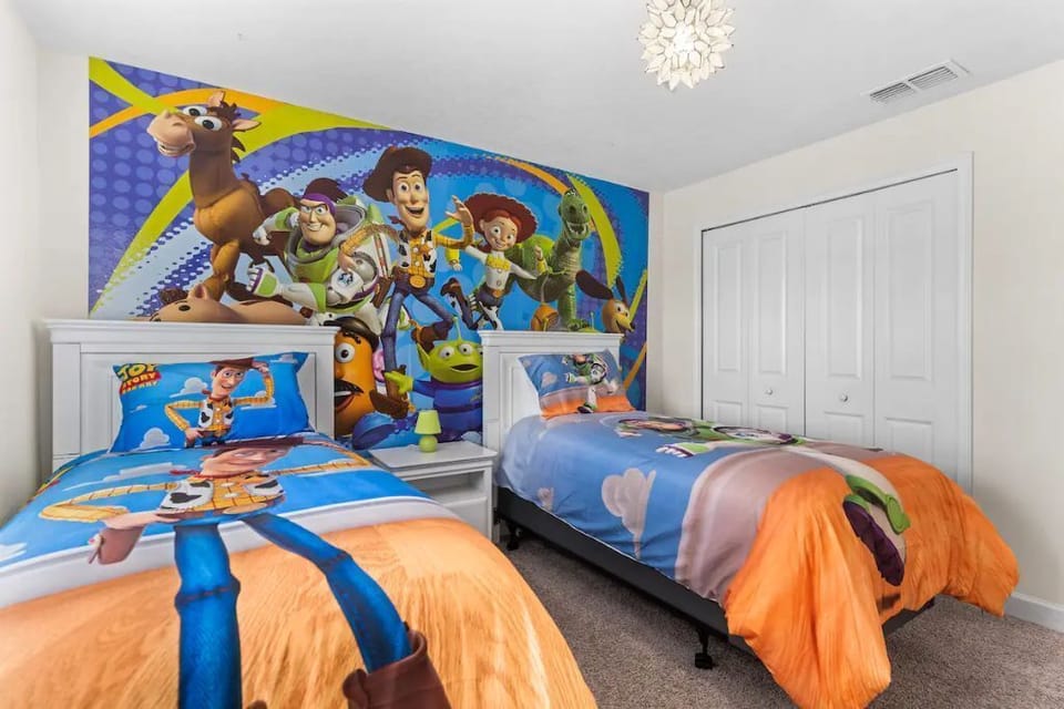 Your kids will enjoy this unique Toy Story room, with two comfortable twin beds.