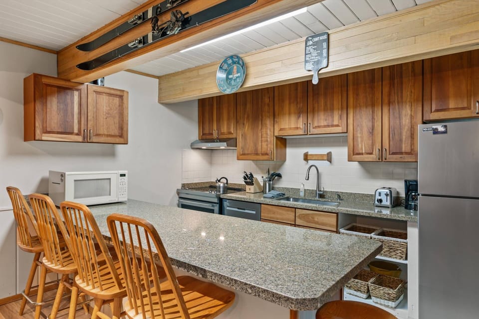 A full kitchen makes it easy to prepare meals for your group.  The location makes it convenient to ski back for lunch.