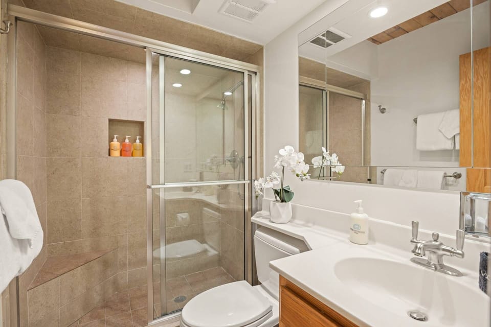 The updated second bath is beautiful and welcoming.