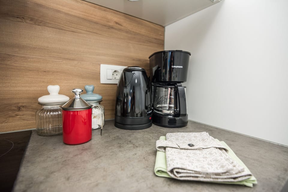 Deluxe Apartment A1 | Private kitchen | Fridge, microwave, oven, stovetop