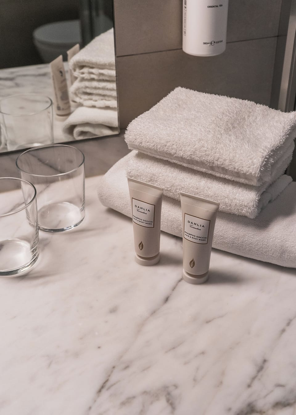 Hair dryer, bidet, towels, soap