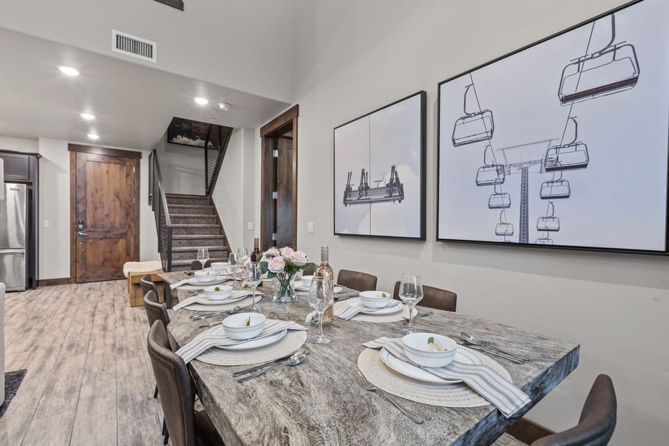 This dining area offers seating for eight