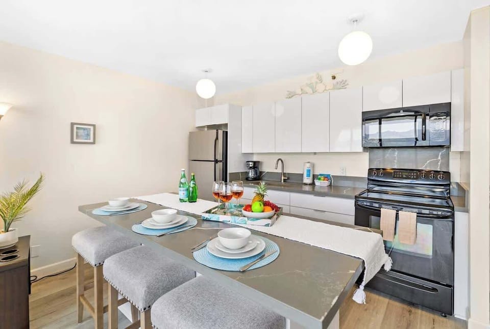 Renovated kitchen with countertop dining area