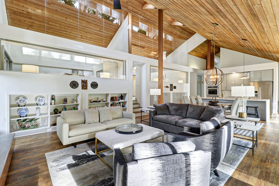 The unique architecture in this Sea Pine homes features abundant natural light throughout.