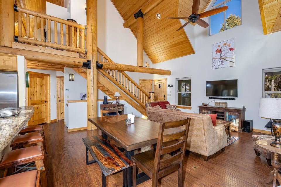 The main living area has such a luxury log cabin look