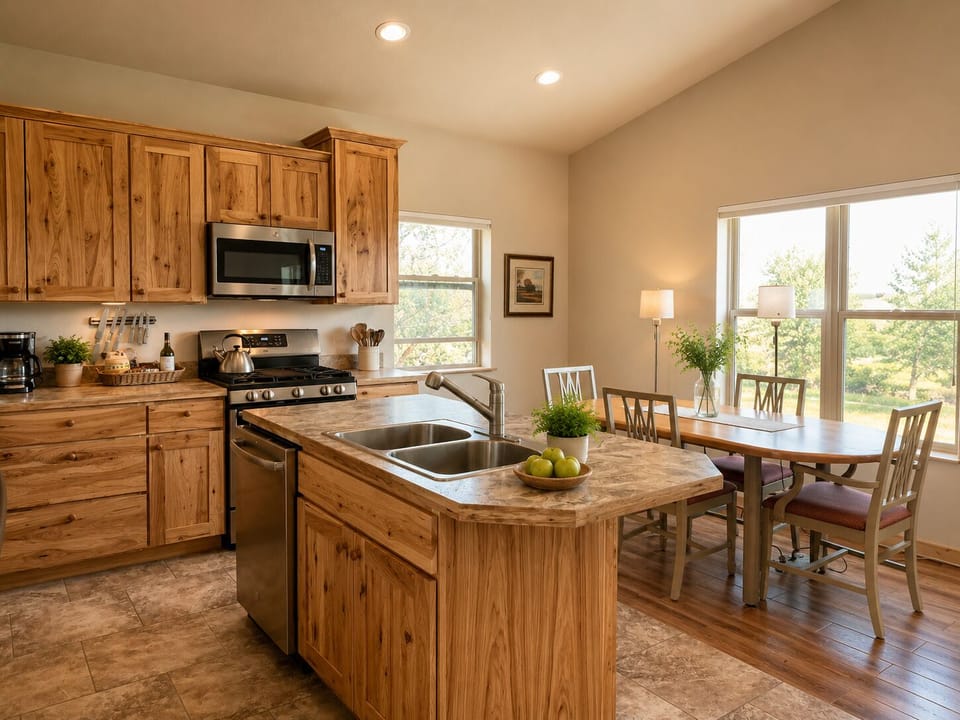 The fully stocked ktichen, complete with stainless steel appliances, has tall ceilings and full views of the Montana landscape outside. Cook at home and enjoy a meal with your loved ones in the eat-in ktichen.