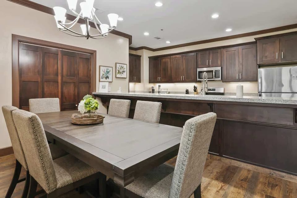 Beautiful dining table with lots of seating. 