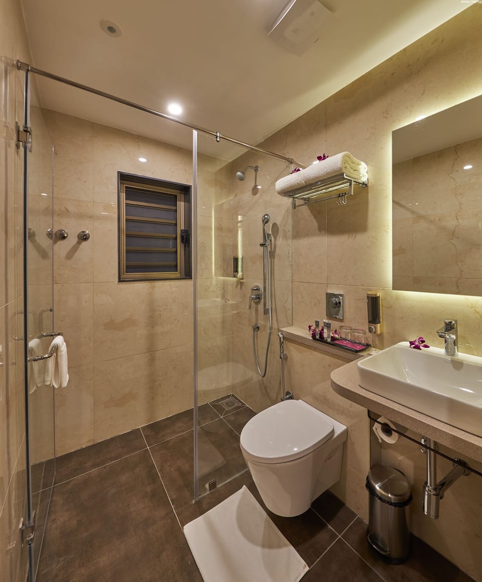 Shower, rainfall showerhead, hair dryer, slippers