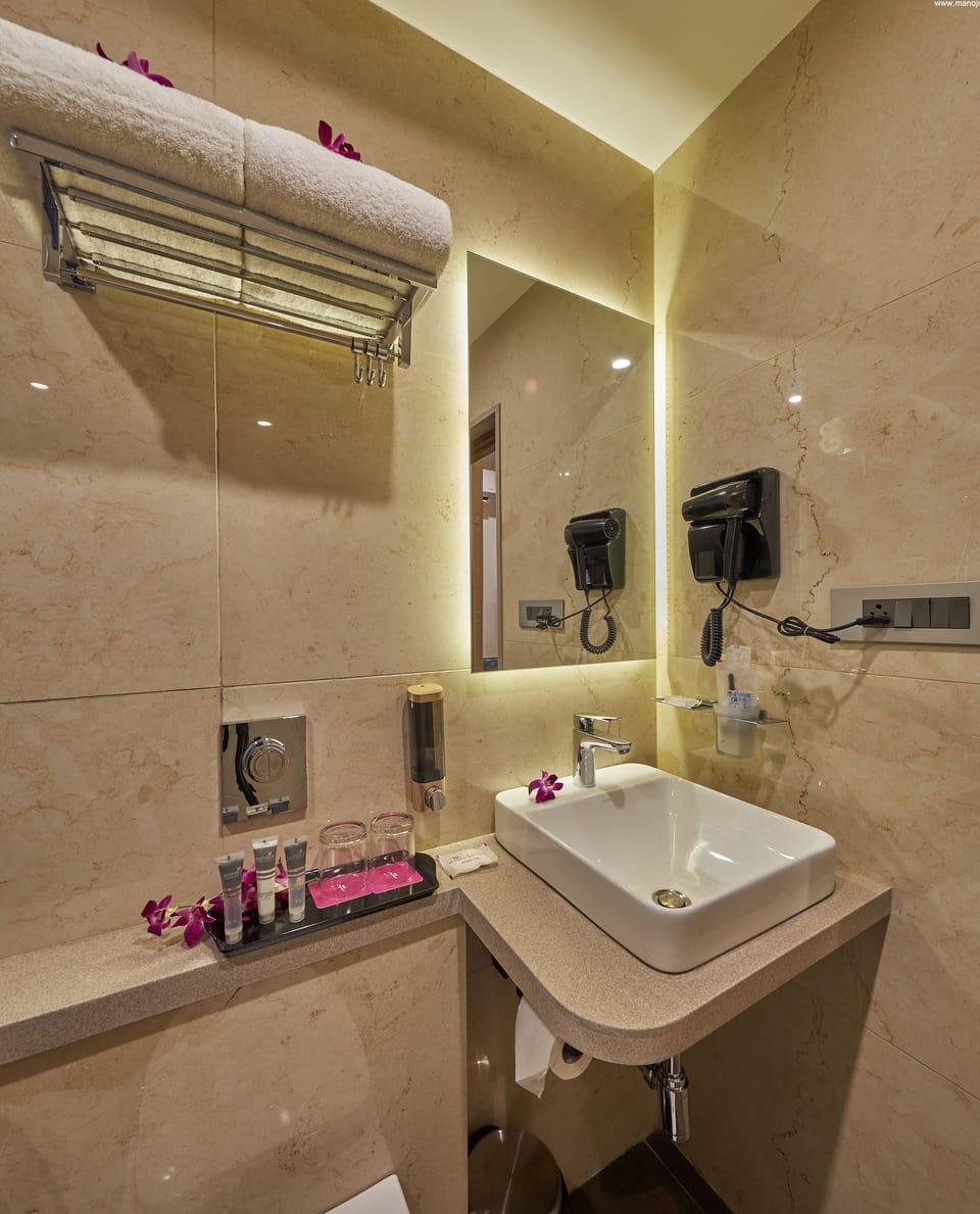 Shower, rainfall showerhead, hair dryer, slippers