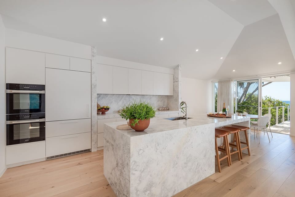 Kitchen at Seaviews sits near the terrace, with coastal outlooks close by, here.