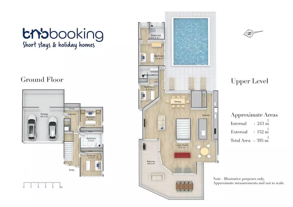 Two-level floor plan shows bedrooms, bathrooms, garage, pool, balcony and living