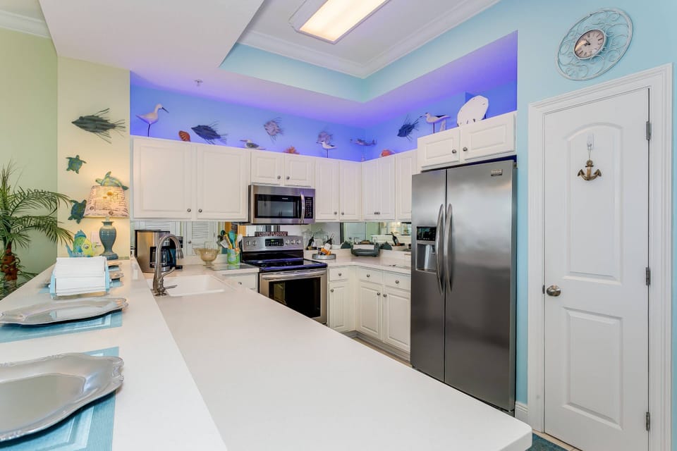 Kitchen is spacious and well stocked
