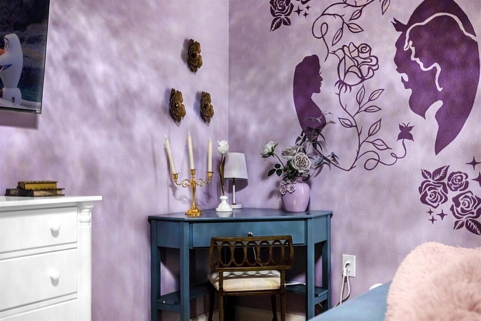 Beauty & The Beast US King with working desk, 55" Roku TV, & en-suite bathroom.