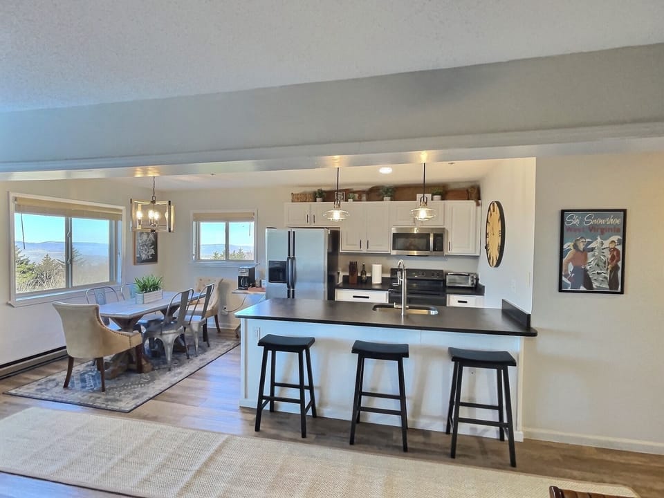 Open kitchen and dining area.
