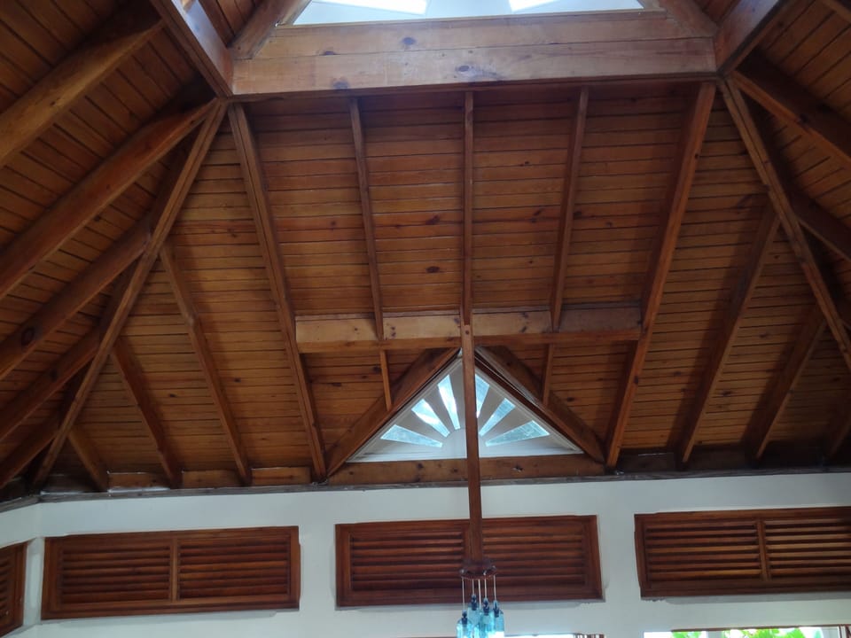 view of the roof from sleeping loft--note Laurie's gin bottle chandelier!