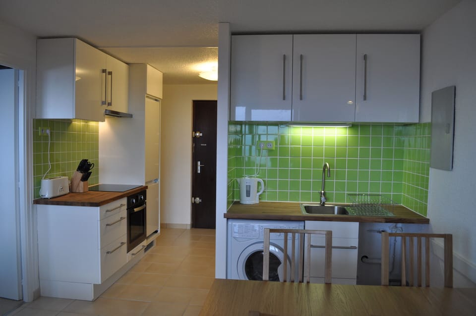 Kitchen with oven, induction hob, fridge freezer, washer-dryer and dish-washer.