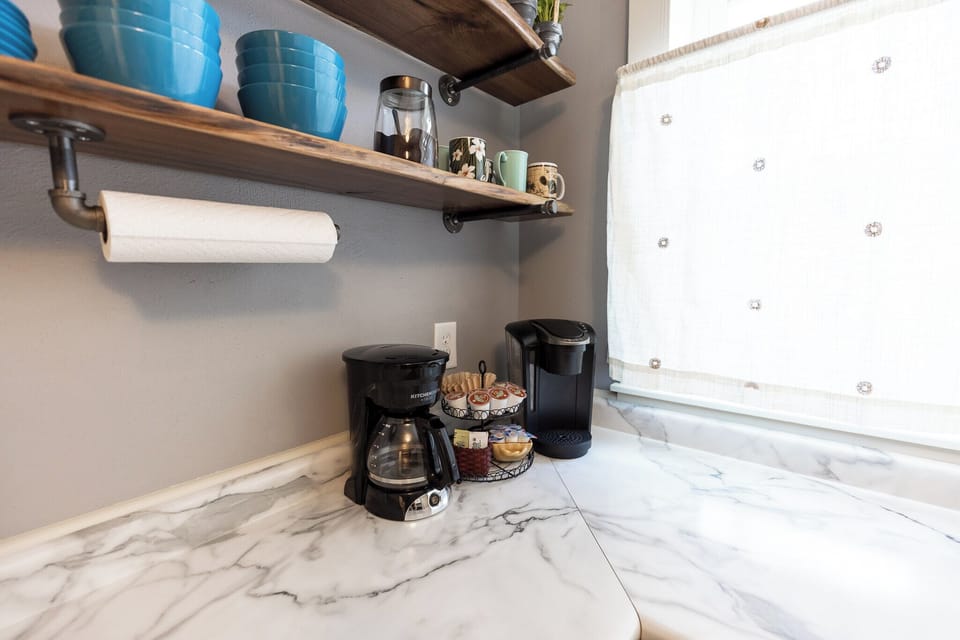 Drip coffee available.  Cameron's ground Jamaican is available  next to the mugs with a 2tbsp scooper to make the pot as strong as you'd like.  Creamer, sugar and stevia available too.