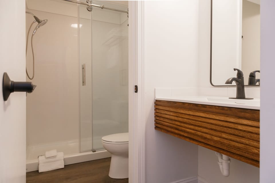 Combined shower/tub, hair dryer, towels