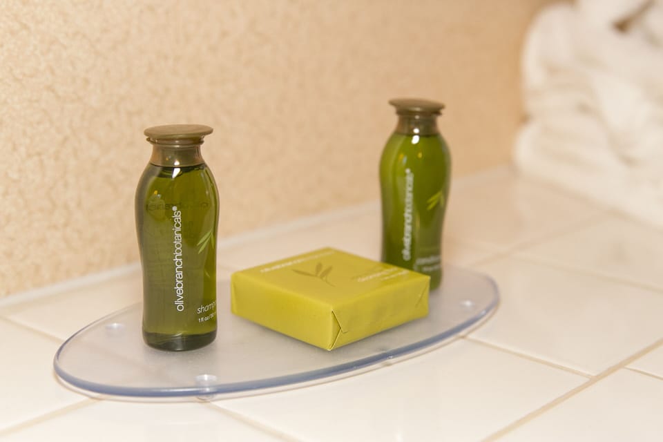 Combined shower/tub, hair dryer, towels