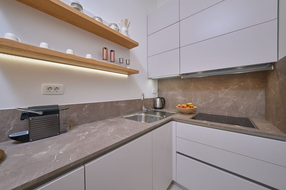 Deluxe Apartment | Private kitchen | Fridge, microwave, oven, stovetop