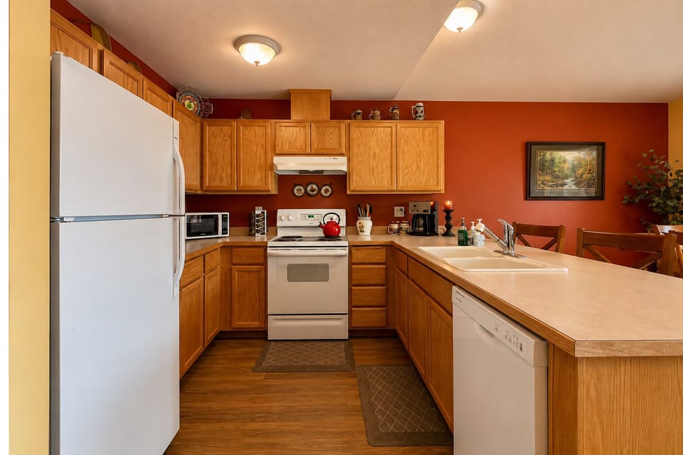 Full Kitchen includes dishwasher, coffee maker, and all of the necessary cooking basics for your stay.