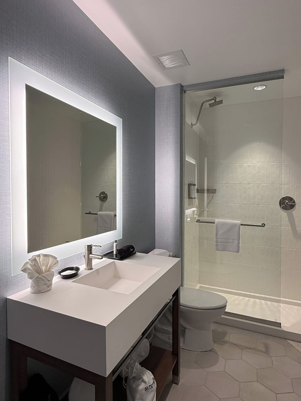 Shower, eco-friendly toiletries, hair dryer, towels
