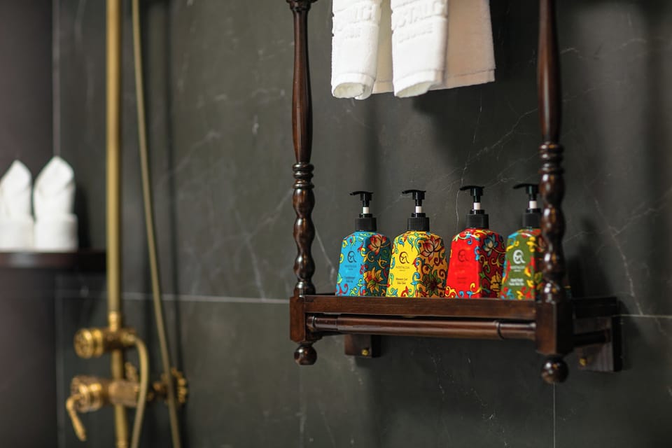 Combined shower/tub, rainfall showerhead, hair dryer, bathrobes