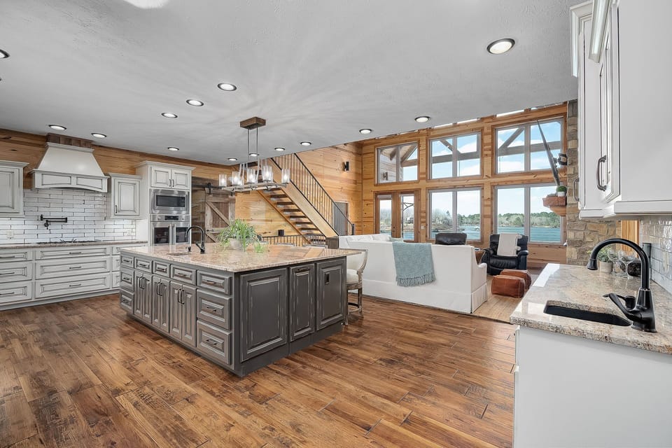 Large open kitchen/family room with beautiful view.